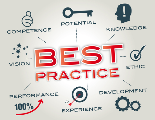 Image with "Best Practice" written in the middle in red with aspects of a good practice written around it with little symbolic images next to each
