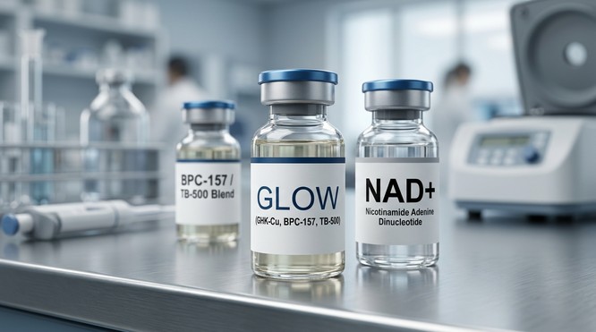 GLOW peptide blend (GHK-Cu, BPC-157, TB-500) and NAD plus vials prepared on a sterile clinical surface, illustrating the post-operative peptide recovery protocol prescribed by Dr. Frank Agullo, MD, FACS, double board-certified plastic surgeon at Southwest Plastic Surgery in El Paso, Texas.