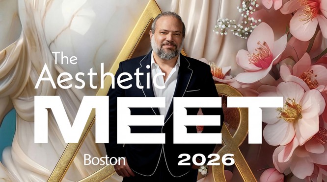 Dr. Frank Agullo, MD, FACS, double board-certified plastic surgeon, at The Aesthetic Meeting 2026 in Boston, in front of the The Aesthetic MEET Boston 2026 floral and gold branded backdrop, where he presented in the practice-management track on AI for reputation management.
