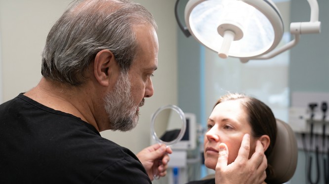 Southwest Plastic Surgery founder Dr. Frank Agullo, MD, FACS, in black scrubs holding a hand mirror for a patient during a consultation in El Paso, Texas, featured image for the Preservation, Not Minimalism Connectively-companion blog post.