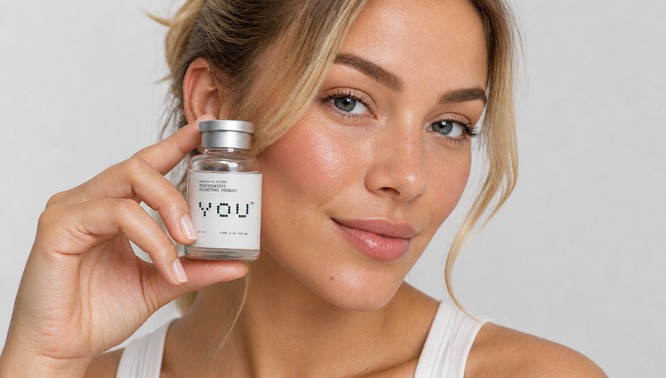 A vial of personalized YOU by Acorn secretome serum derived from the growth factors and proteins produced by the patient's own hair follicle mesenchymal stem cells, applied through microneedling, Morpheus8, or fractional laser microchannels at Southwest Plastic Surgery in El Paso, Texas, with Dr. Frank Agullo, MD, FACS, double board-certified plastic surgeon.