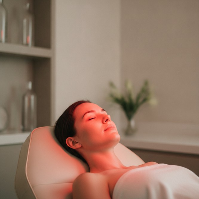 Med spa LED light therapy session at Southwest Plastic Surgery, El Paso, soft red glow on a relaxed patient. LED red light therapy with ElixirMD at Southwest Plastic Surgery.