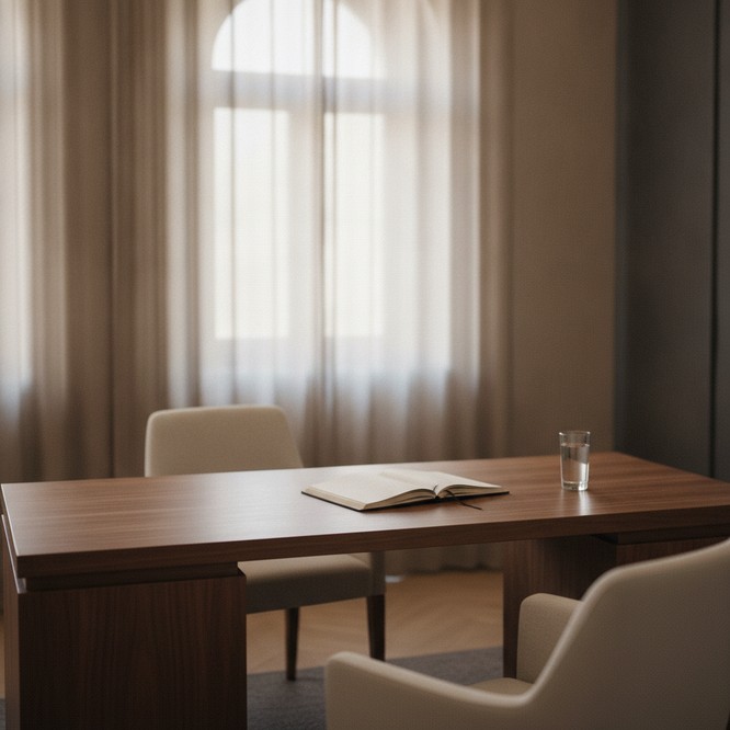Private front-office consultation setting at Southwest Plastic Surgery, El Paso, soft daylight, two chairs at a table. Men's enhancement and wellness program at Southwest Plastic Surgery.
