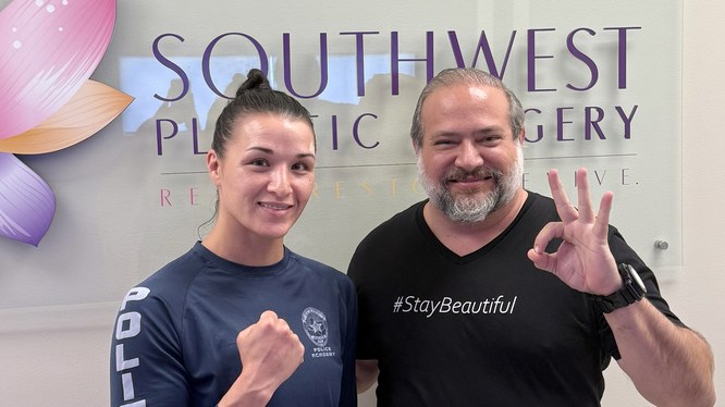WBA lightweight champion and El Paso police officer Stephanie Han, a Motiva Preserve breast augmentation patient of Dr. Frank Agullo, MD, FACS, at Southwest Plastic Surgery in El Paso, Texas.