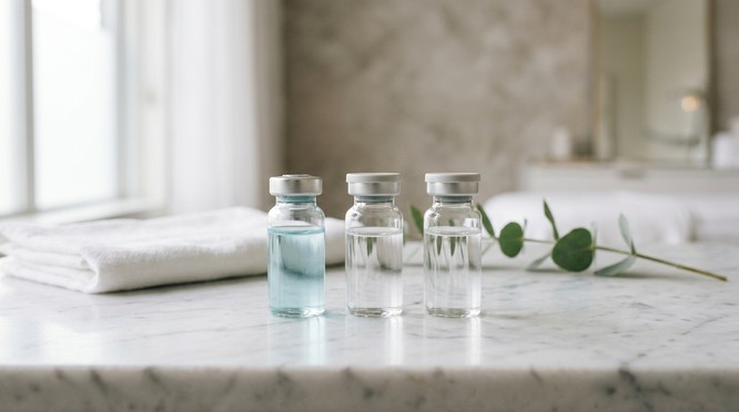 NAD plus and GHK-Cu copper peptide vials on a marble medspa counter, illustrating the peptide wellness program at Southwest Plastic Surgery, prescribed by Dr. Frank Agullo, MD, FACS, double board-certified plastic surgeon in El Paso, Texas