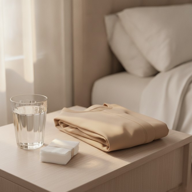 Recovery essentials in soft daylight at Southwest Plastic Surgery, El Paso, a compression garment and water. Aftercare guidance with Dr. Frank Agullo.