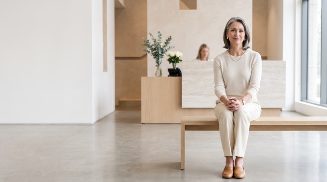 Elegant woman seated in a bright modern reception area at Southwest Plastic Surgery in El Paso, Texas, waiting to ask about PRP intimate health treatments with Dr. Frank Agullo, MD, FACS, double board-certified plastic surgeon.