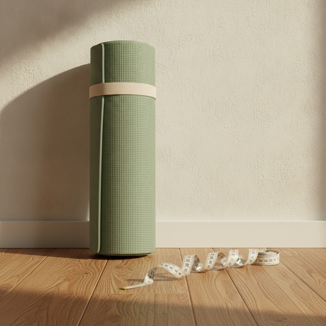 Editorial still life of a rolled exercise mat leaning against a wall beside a tailor's measuring tape. Rectus diastasis and tummy tuck fascia repair explained by Dr. Frank Agullo, MD, FACS, double board-certified plastic surgeon, El Paso, Texas.