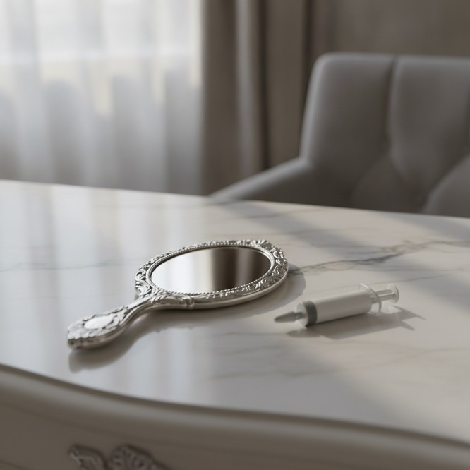 Editorial still life of a silver hand mirror and a cosmetic vial on a marble vanity. The mirror test for filler versus facelift explained by Dr. Frank Agullo, MD, FACS, double board-certified plastic surgeon, El Paso, Texas.