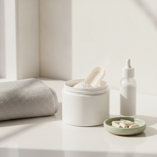 Collagen powder, capsules, gummies, and a serum bottle arranged on a bright counter, illustrating collagen supplement guidance from Southwest Plastic Surgery in El Paso.