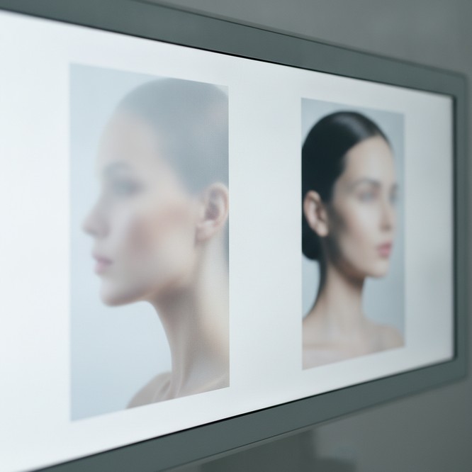 Med spa consultation at Southwest Plastic Surgery, El Paso, soft daylight, two portraits compared on a screen. Reading influencer treatments at Southwest Plastic Surgery.