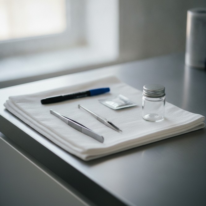 Prepared minor procedure tray at Southwest Plastic Surgery in El Paso for in-office removal of moles, cysts, lipomas, and skin tags by Dr. Frank Agullo, MD, FACS.
