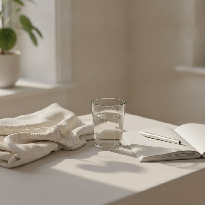 A calm recovery room with a folded blanket, a glass of water and a notepad on a bedside table, illustrating postoperative follow-up at Southwest Plastic Surgery in El Paso.