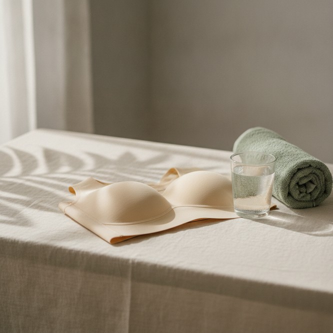 A folded compression garment, rolled towel and glass of water in a calm recovery room at Southwest Plastic Surgery, El Paso, illustrating recovery after liposuction with Renuvion J-Plasma.