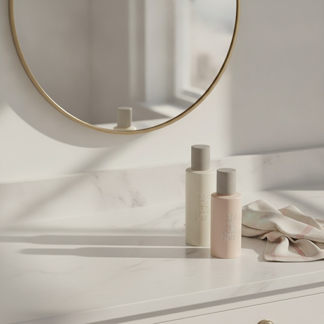 A clean bathroom counter with a mirror and skincare products, illustrating Southwest Plastic Surgery's guide to the facial triangle of death.