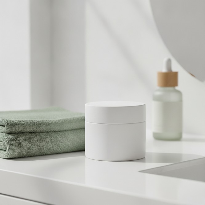 A collagen face cream jar turned to reveal its ingredient list beside a folded towel on a bright vanity, illustrating skincare guidance at Southwest Plastic Surgery in El Paso.