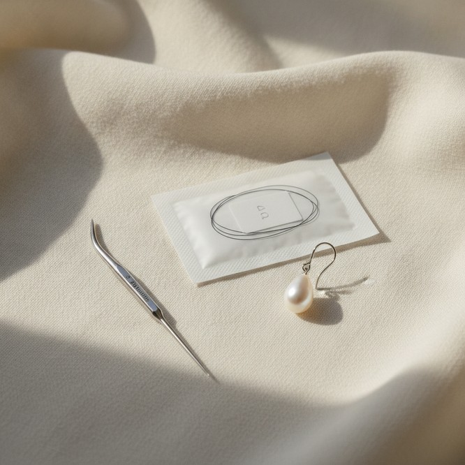 Pearl earring and fine sutures arranged on linen, illustrating in-office earlobe repair at Southwest Plastic Surgery in El Paso by Dr. Frank Agullo, MD, FACS.
