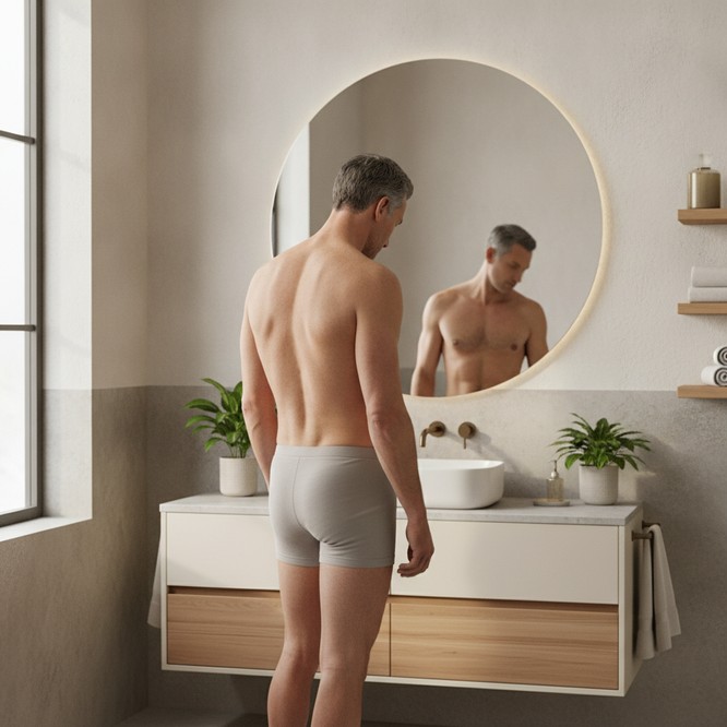 Color photograph of a man viewed from behind, looking at his own reflection in a bathroom mirror. Gynecomastia surgery cost consultation with Frank Agullo, MD, FACS, at Southwest Plastic Surgery in El Paso.