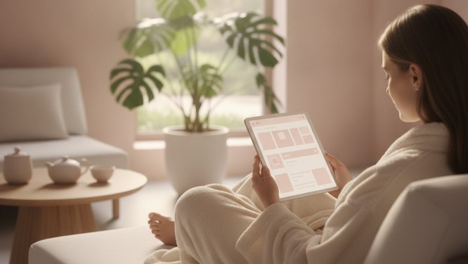 Color photograph of a woman in a plush robe browsing a medical practice website on a tablet in a soft spa setting, illustrating Southwest Plastic Surgery's published pricing and website transparency.