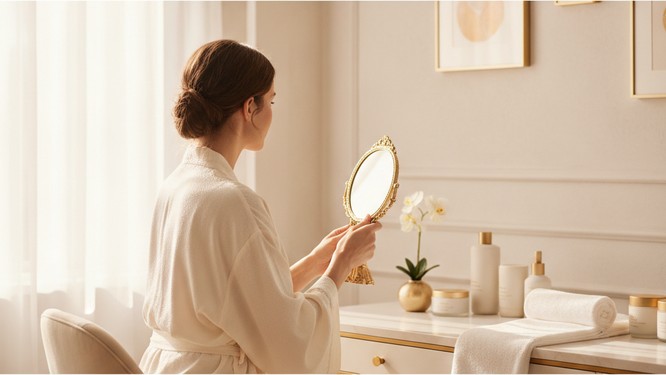 Color photograph of a woman examining her jawline and neck in a handheld mirror at a med spa. Kybella double chin treatment consultation at Southwest Plastic Surgery in El Paso, Texas.