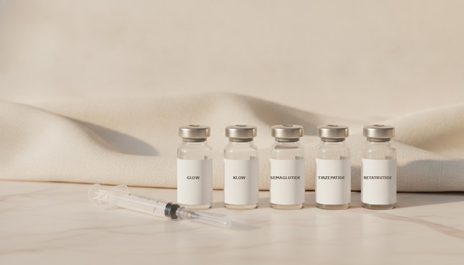 Small glass peptide vials and an amber dropper bottle arranged on a pale surface, illustrating topical and injectable peptides at Southwest Plastic Surgery in El Paso.