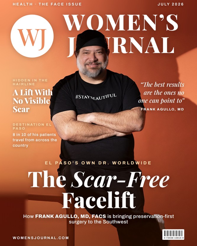 July 2026 Women's Journal magazine cover featuring Dr. Frank Agullo of Southwest Plastic Surgery, El Paso.