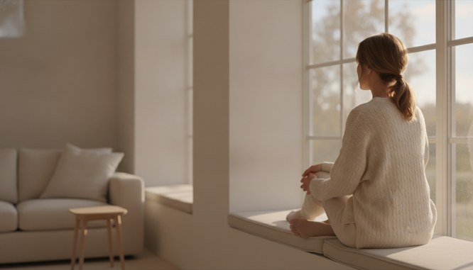 A woman in a soft cream knit top seated at a sunlit window, seen from behind and over the shoulder, warm afternoon light, hands resting in her lap. Illustrative image, not a patient. Southwest Plastic Surgery, Frank Agullo, MD, FACS, El Paso, Texas.