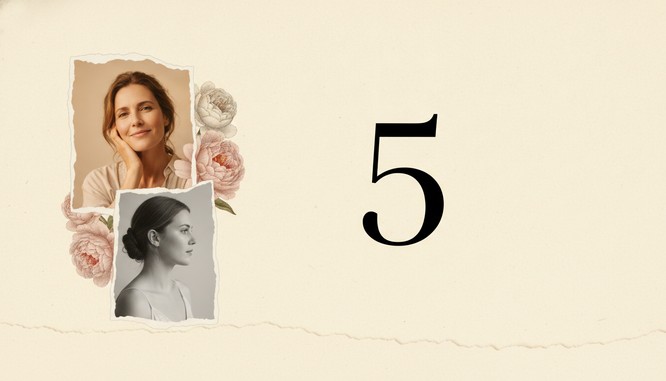 Editorial collage on warm ivory paper, cut-out portraits with torn edges layered with engraved peonies beside a large numeral five.