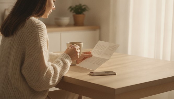 A woman in a cream sweater at a light wood kitchen table at home, seen from behind, reading a folded fee sheet with a mug of coffee in hand, in soft warm daylight. Illustrative image, not a patient. Southwest Plastic Surgery, El Paso, Texas.