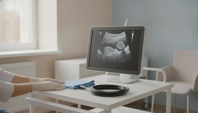 Gloved hands holding an ultrasound probe against a draped field during gluteal fat grafting at Southwest Plastic Surgery in El Paso, Texas.
