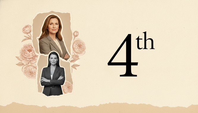Editorial collage on warm ivory paper, cut-out portraits of poised women with torn edges layered with engraved peonies beside a large numeral reading 4th.