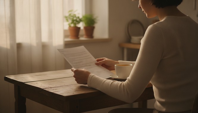 A person in a soft fitted top seated at a kitchen table in warm daylight, reading a folded sheet of paper held at an angle with no legible text, seen from behind and over the shoulder. Illustrative image, not a patient. Southwest Plastic Surgery, El Paso, Texas.