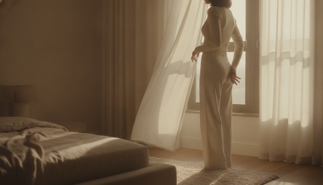 A person in a fitted top seen from behind in soft warm daylight, hands resting lightly at the waist, in a calm domestic setting. Illustrative image, not a patient. Southwest Plastic Surgery, El Paso, Texas.