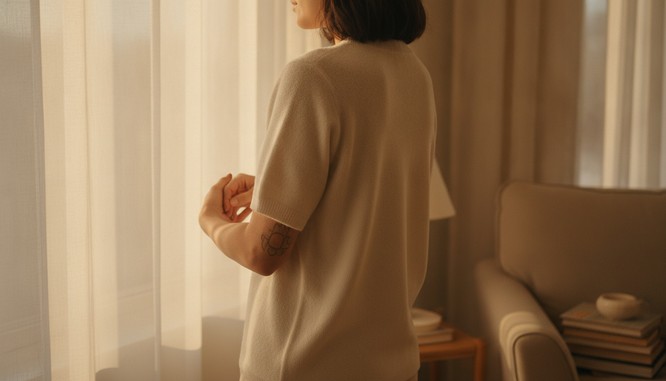 A person in a soft cream top seen from behind at a sunlit window at home, one hand resting on the opposite forearm where a faded abstract tattoo sits, warm diffused light. Illustrative image, not a patient. Southwest Plastic Surgery, El Paso, Texas.