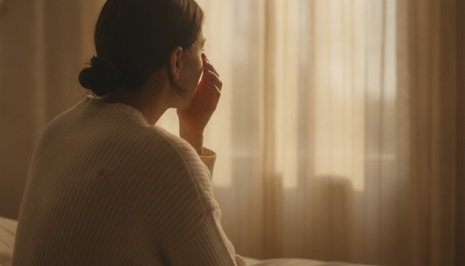A person in a cream sweater seen from behind at a sunlit bedroom window with a sheer curtain, fingertips resting beneath one eye, in soft warm morning light. Illustrative image, not a patient. Southwest Plastic Surgery, El Paso, Texas.