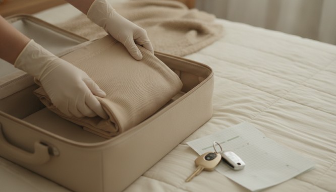 A packed carry-on bag and folded compression garment on a hotel bed, part of planning a tummy tuck trip to Southwest Plastic Surgery in El Paso, Texas.