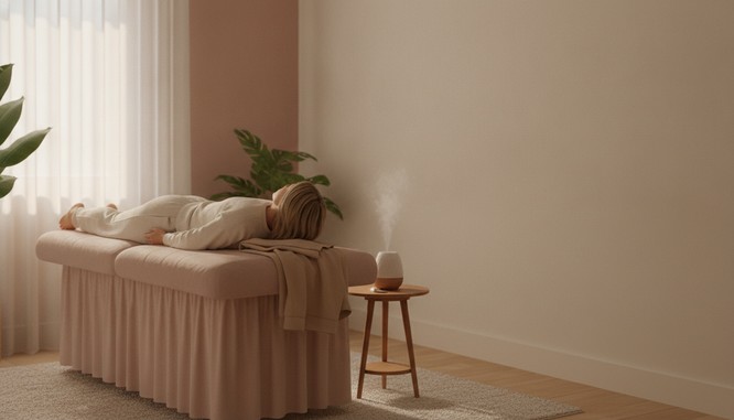 A woman in soft cream loungewear resting on a treatment table in a bright, calm med spa room, seen from behind, a folded compression garment beside her. Illustrative image, not a patient. Southwest Plastic Surgery, El Paso, Texas.