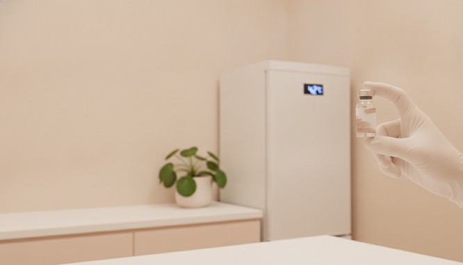 A gloved hand holding one small sealed glass vial up to the light in a bright med spa treatment room, a medical refrigerator with a temperature display out of focus behind. Illustrative image, generated, not a real product and not a patient. Southwest Plastic Surgery, El Paso, Texas.