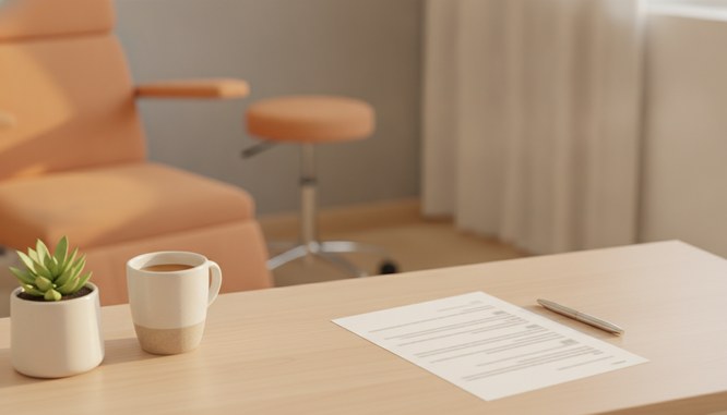 A warm, softly lit consultation desk with a printed fee sheet resting at an angle, its lines of text blurred and unreadable, a pen and a small plant nearby, and an orange exam chair out of focus against a grey wall behind, no people. Illustrative image, not a patient. Southwest Plastic Surgery, El Paso, Texas.
