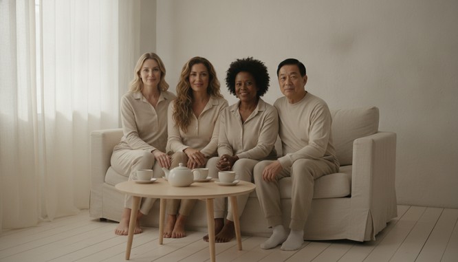 Four people of different backgrounds seated together by a sheer-curtained window in warm morning light, faces shown and relaxed. Illustrative image, not patients. Southwest Plastic Surgery, El Paso, Texas.