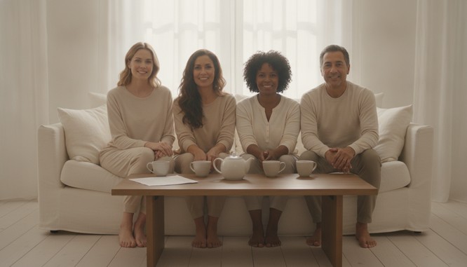 Four people of different backgrounds seated together by a sheer-curtained window in warm morning light, faces shown, relaxed. Illustrative image, not patients. Southwest Plastic Surgery, El Paso, Texas.