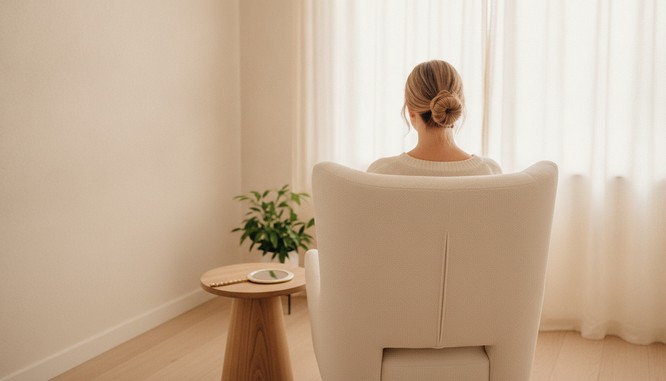 A bright med spa treatment room; a woman in soft cream clothing seated in a reclined chair, seen from behind, a hand mirror face down on the side table and small plants by a sheer curtained window, face not visible. Illustrative image, not a patient. Southwest Plastic Surgery, El Paso, Texas.
