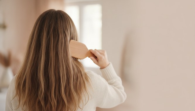 A woman's long hair seen from behind as she draws a brush through it in soft warm light, part line visible, no face in frame. Illustrative image, not a patient. Southwest Plastic Surgery, Frank Agullo, MD, FACS, El Paso, Texas.