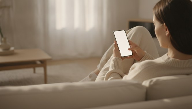 A person on a soft sofa in warm afternoon light, seen from behind and over the shoulder, scrolling a smartphone whose screen is a soft blank glow. Illustrative image, not a patient. Southwest Plastic Surgery, Frank Agullo, MD, FACS, El Paso, Texas.