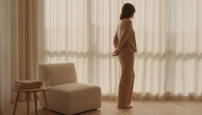 A woman in a soft sand-colored knit set standing by a sheer-curtained window in warm morning light, hands resting at her waist. Illustrative image, not a patient. Southwest Plastic Surgery, El Paso, Texas.