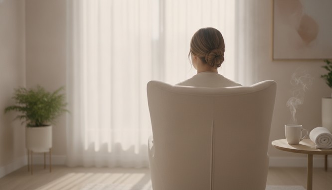 A bright med spa recovery room; a woman in soft cream loungewear seen from behind in a high-backed chair, facing a sheer curtained window, a folded towel and a mug of steaming tea on the side table, face not visible. Illustrative image, not a patient. Southwest Plastic Surgery, El Paso, Texas.